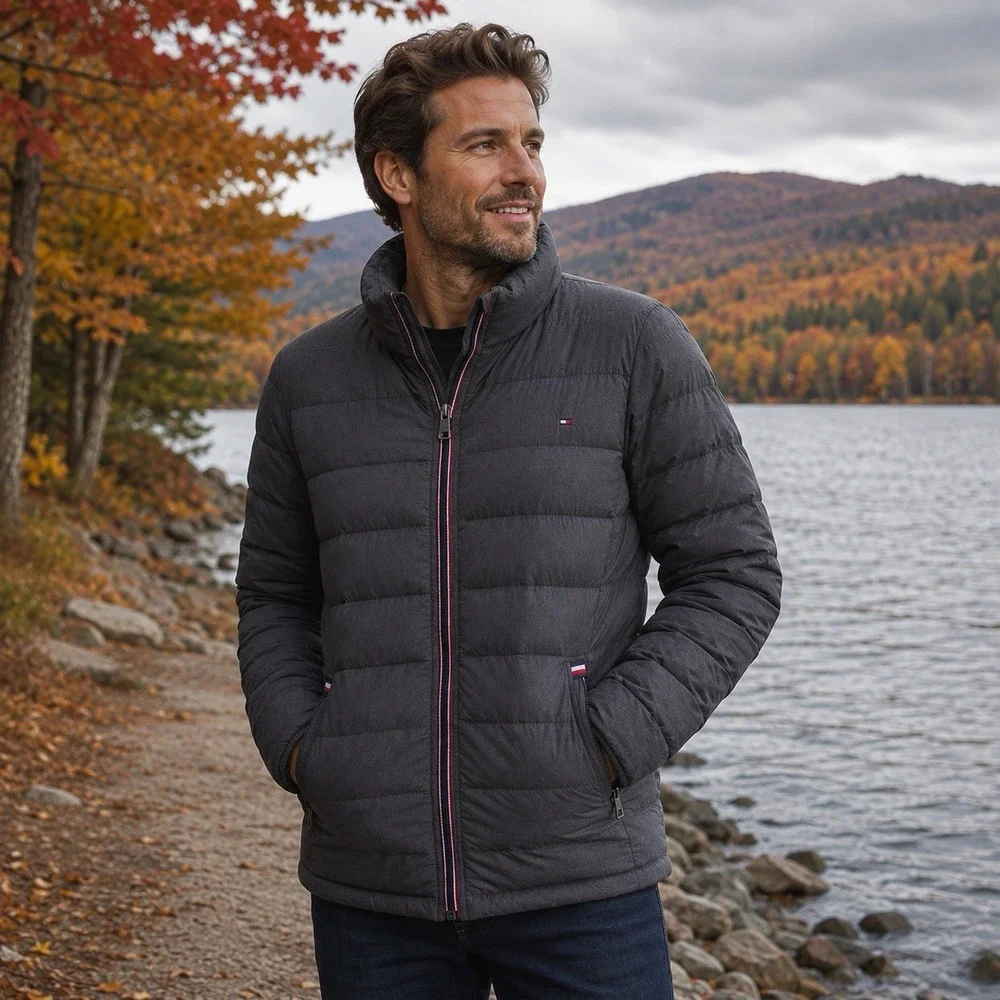 Tommy Hilfiger Mens M Packable Puffer Jacket Charcoal Gray Quilted Full Zip